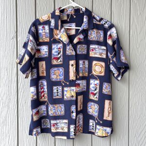 Vintage Lighthouse Nautical Print Shirt Beach Coastal Size L